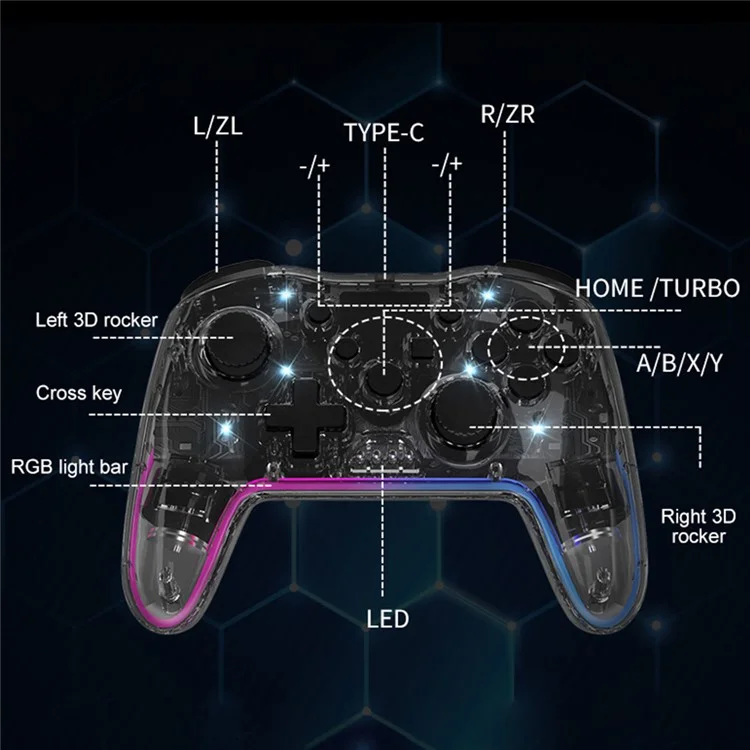 NS015 Para Nintendo Switch / PS3 / Ordenador Personal / TV Bluetooth Gamepad GRB Light Clear Dual Vibration Game Controller - Negro Transparente
