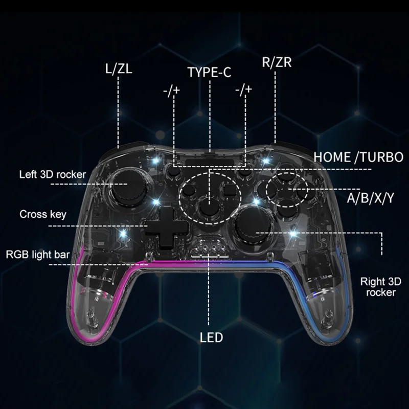 NS015 Para Nintendo Switch / PS3 / Ordenador Personal / TV Bluetooth Gamepad GRB Light Clear Dual Vibration Game Controller - Azul Transparente