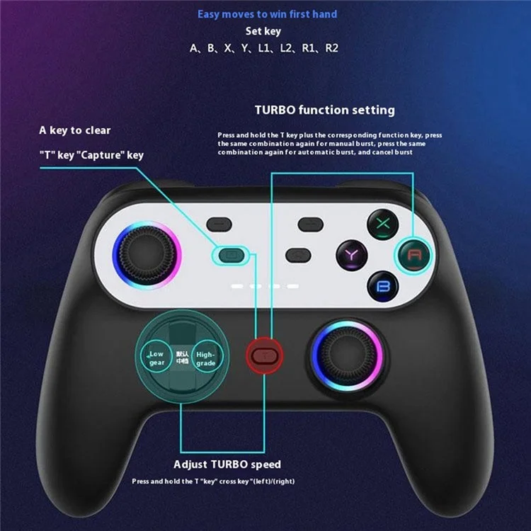DT-9017 For Nintendo Switch / PS3 / Android / iOS13 Bluetooth-compatible Gamepad RGB Light Programmable Back Button Game Controller - Black+Silver