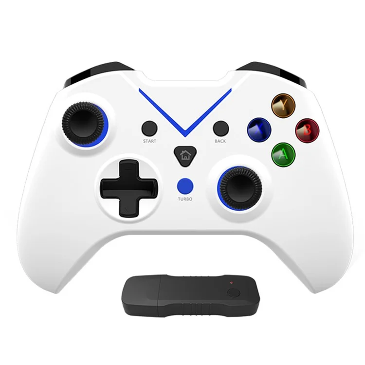 HY-4206 For Xbox / PS3 / PC 2.4G Wireless Gamepad Turbo Dual Vibration Six-Axis Game Controller - White+Blue
