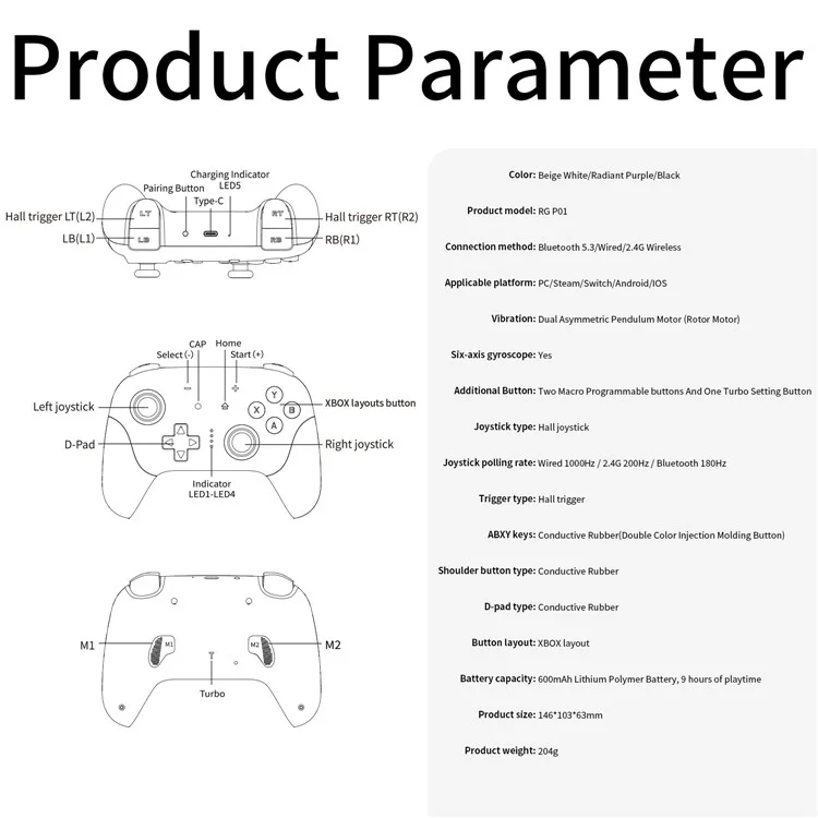 AMPOWN RGP01 Wireless Game Controller RGB Light Gamepad for Android iOS PC Switch - Beige