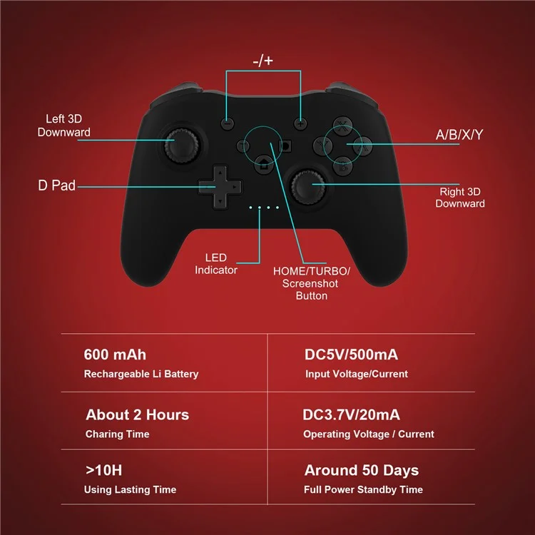 NS017 Mando de juego inalámbrico Bluetooth con giroscopio de 6 ejes para Nintendo Switch / Sony PS3 / PC - Blanco