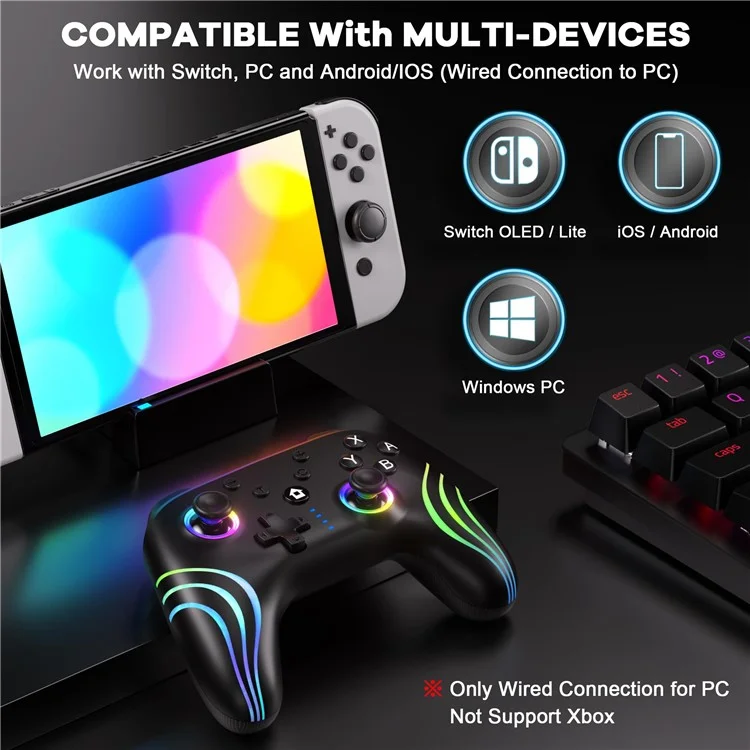 CX-262 Colorful Light Game Controller Six-Axis Motion Sensing Dual Motor Vibration Bluetooth-Compatible Gamepad - Black
