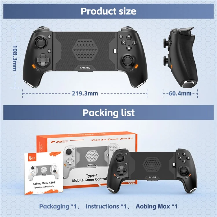 GAMWING Aobing Max Bluetooth-kompatibler / Typ C Kabel-Dual-Modus Erweiterbarer Griff Mobiler Spielcontroller - Schwarz