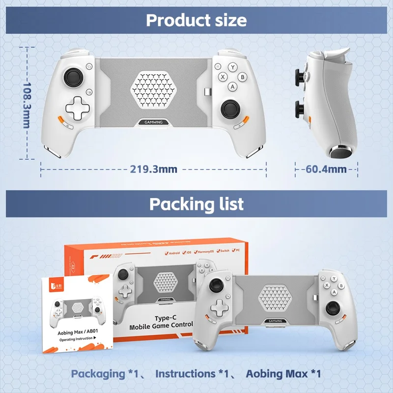 GAMWING Aobing Max Bluetooth-compatible  /  Type C Wired Dual Mode Expandable Grip Mobile Game Controller - White