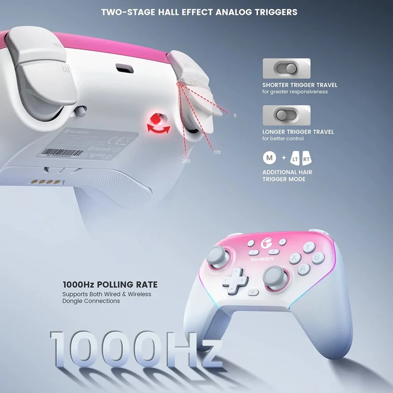 Mando de juego GAMESIR Super Nova compatible con 2,4G / Bluetooth / con cable, con joystick Hall y botones programables - Rosa