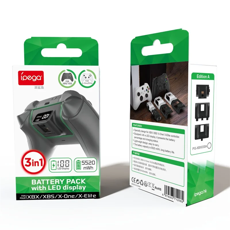 IPEGA PG-XBX030 Pacote de Bateria de 1350mAh para Controle de Xbox Series S / X / Xbox One S / X com Display Digital - Preto