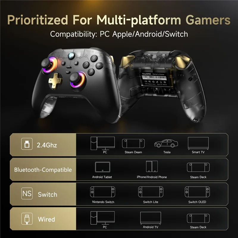 EASYSMX D05 Gaming Controller Dual Hall Sensor Bluetooth-Compatible / 2.4G Wireless / Wired RGB Gamepad with Charging Dock