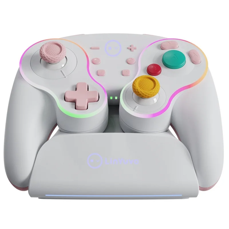 LINYUVO For Nintendo Switch  /  Tablet  /  Android  /  PC Wireless Gaming Controller with Charging Dock Mechanical Buttons - White  /  Pink