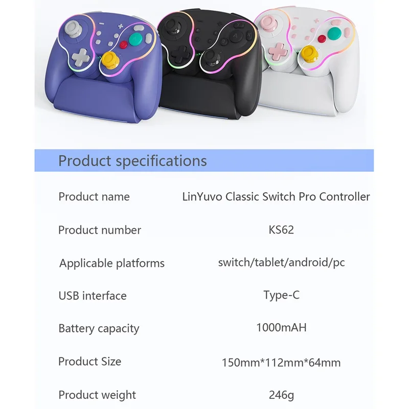 LINYUVO For Nintendo Switch  /  Tablet  /  Android  /  PC Wireless Gaming Controller with Charging Dock Mechanical Buttons - White  /  Pink