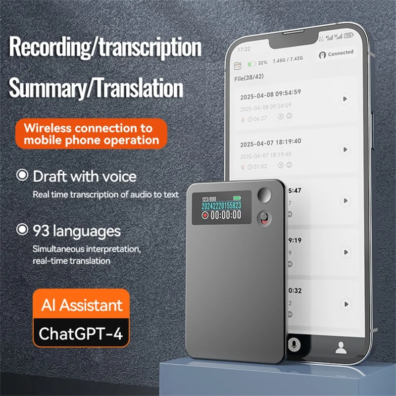 A3P 64GB AI Voice Recorder with Screen Smart Translation Voice Recorder APP Control