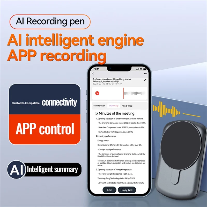Enregistreur vocal A1A AI 64 Go, enregistreur audio à traduction intelligente, dictaphone numérique avec contrôle d'application pour les réunions, les cours, les entretiens