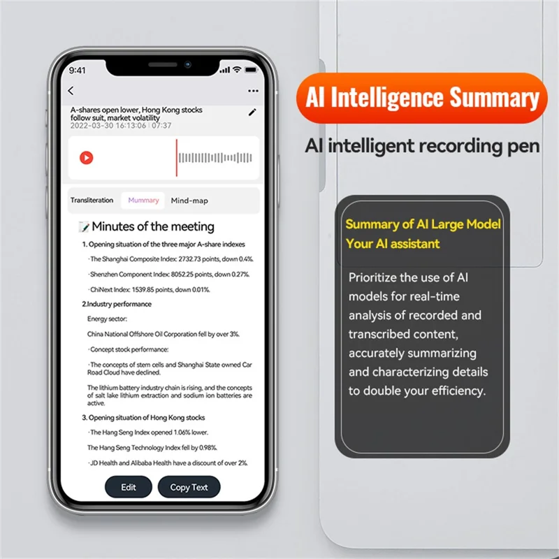 Enregistreur vocal A1A AI 64 Go, enregistreur audio à traduction intelligente, dictaphone numérique avec contrôle d'application pour les réunions, les cours, les entretiens