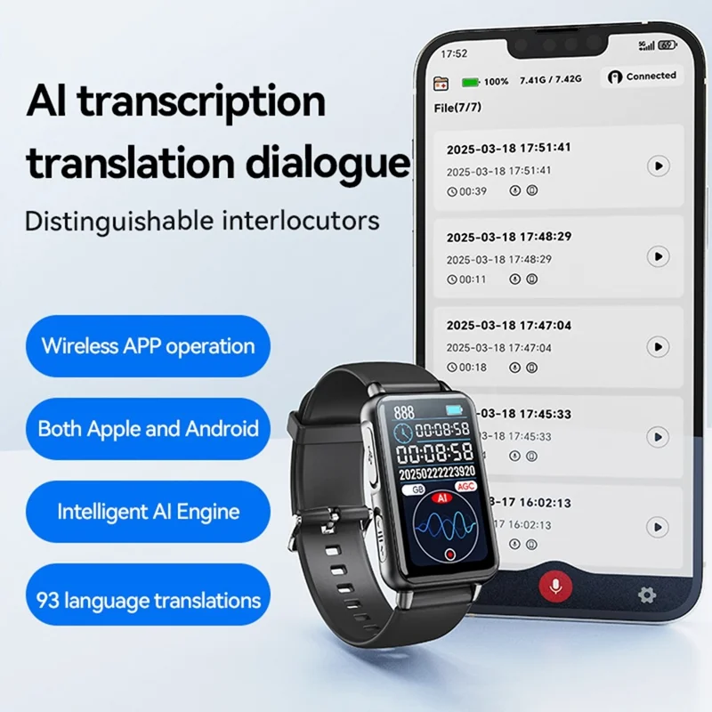 S18A 64GB AI Voice Recorder ChatGPT Smart Transcription App Controlled Recording Watch Translator