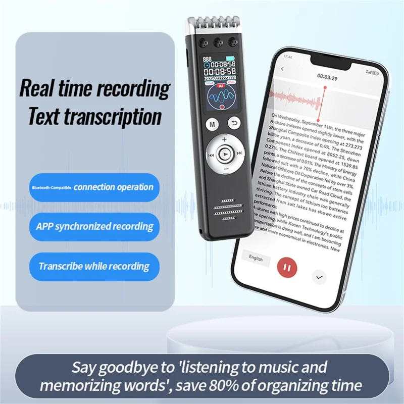 Q88A AI Smart Voice Recorder 8GB HD Noise Reduction One-Touch Recording Pen 1.14 Inch IPS Screen
