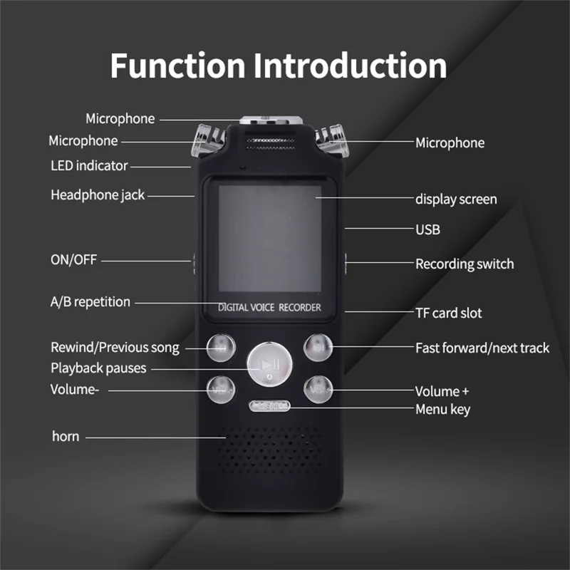 Enregistreur vocal à réduction de bruit 8822 8 Go avec écran TFT 1,44 pouce et lecteur MP3 avec deux têtes de microphone