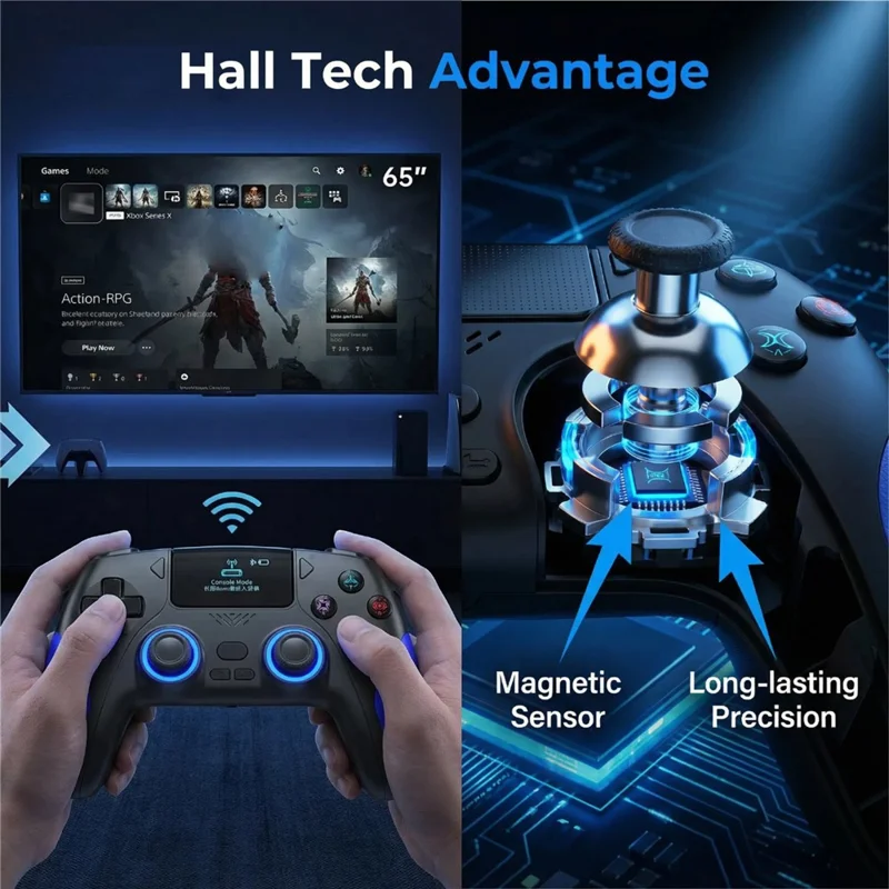 CM-620 Para PS4 / iOS / Switch Comando Sem Fios com Ecrã de 1,47 polegadas Comando de Jogo com Duplo Comando Analógico - Preto / Azul