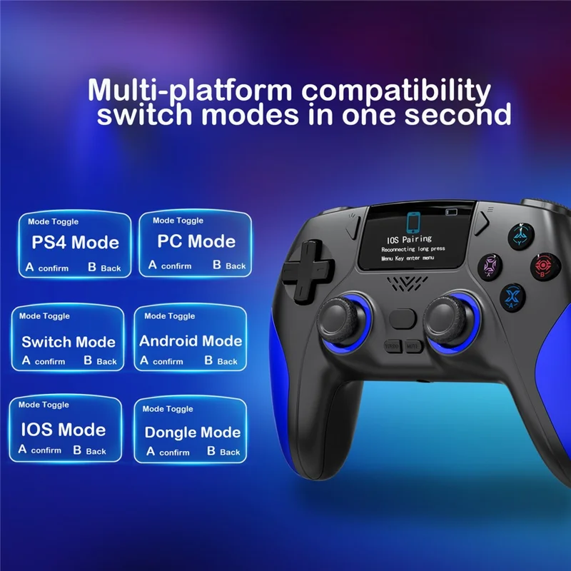 CM-620 Para PS4 / iOS / Switch Comando Sem Fios com Ecrã de 1,47 polegadas Comando de Jogo com Duplo Comando Analógico - Preto / Azul