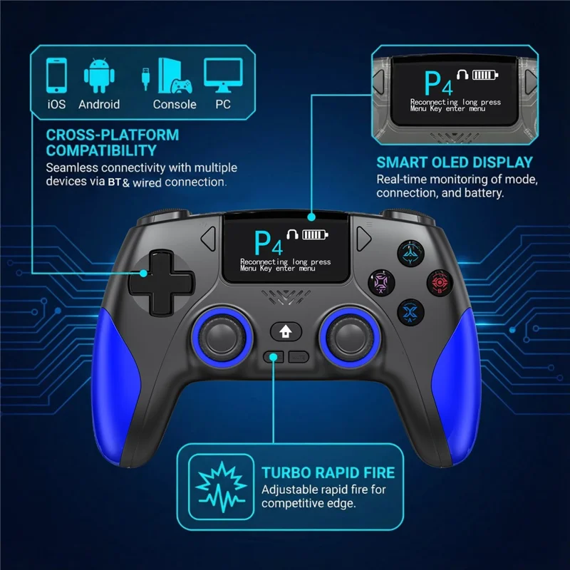 CM-620 Para PS4 / iOS / Switch Comando Sem Fios com Ecrã de 1,47 polegadas Comando de Jogo com Duplo Comando Analógico - Preto / Azul