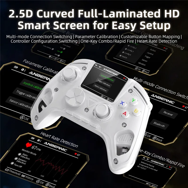 RG G01 Smart Game Controller with Heart Rate Sensor 2.5D HD IPS Screen Gamepad for PC / Steam / Linux / Nintendo Switch / Android / iOS - White