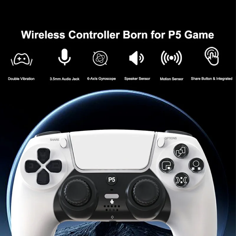 P50A Manette de Jeu Sans Fil pour PS5, Ergonomique, Gyroscope 6 Axes, Double Vibration, Manette Bluetooth - Noir