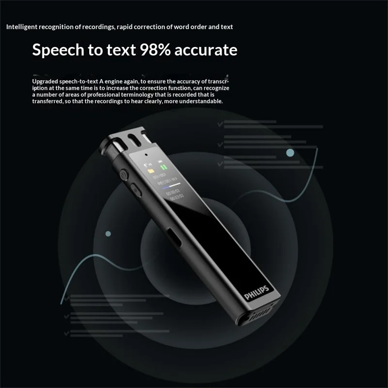 PHILIPS VTR5260 16GB Digital Voice Recorder 2+2 Mic Speech to Text Noise Cancelling Recording Device for Meeting Interview - Black