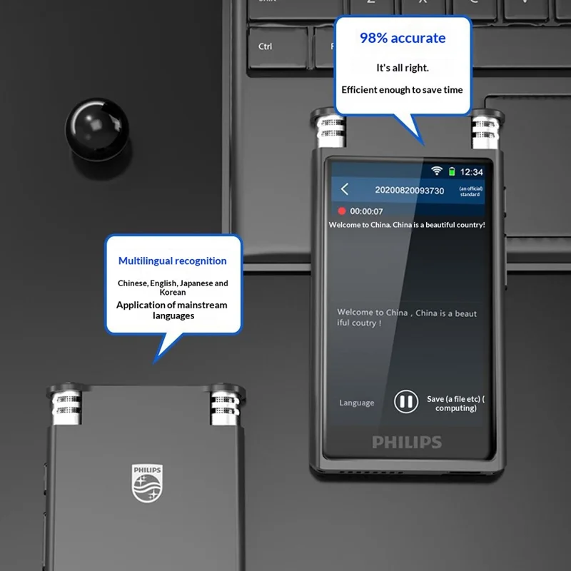 PHILIPS VTR8600 32GB AI Transcription Voice Recorder Real Time Translation Device for Meeting - Black