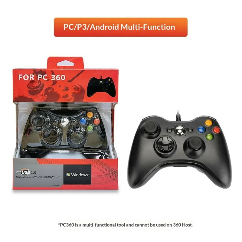 PC360 USB 2.0 Wired Gaming Controller Dual Vibration Ergonomic Gamepad for PC PS3 Android - Black