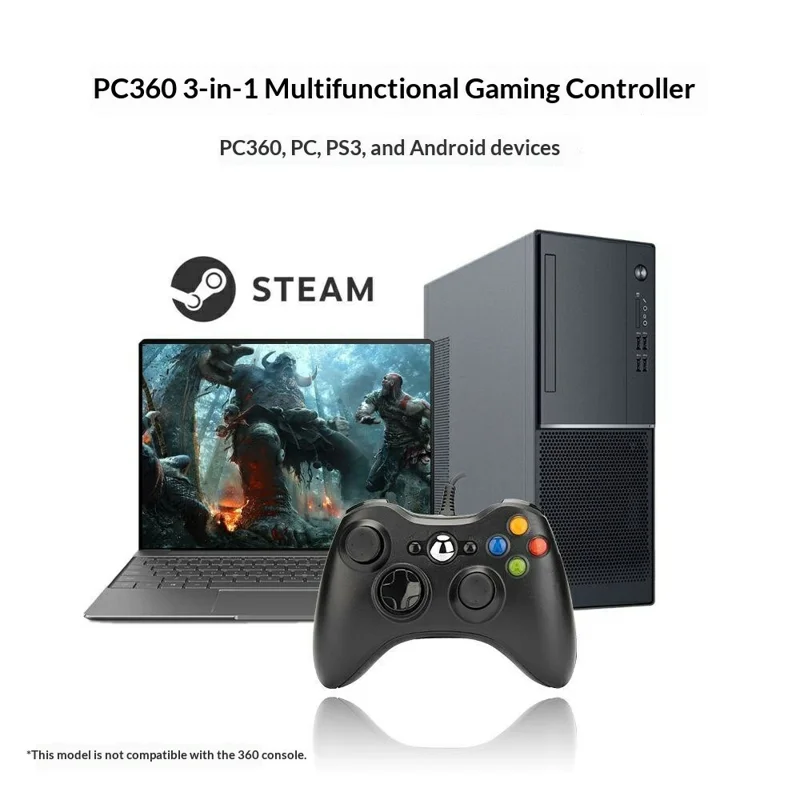 PC360 USB 2.0 Wired Gaming Controller Dual Vibration Ergonomic Gamepad for PC PS3 Android - White