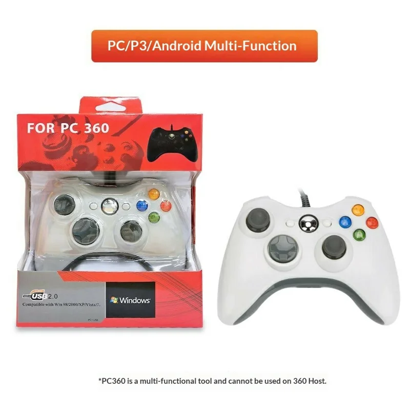 PC360 USB 2.0 Wired Gaming Controller Dual Vibration Ergonomic Gamepad for PC PS3 Android - White