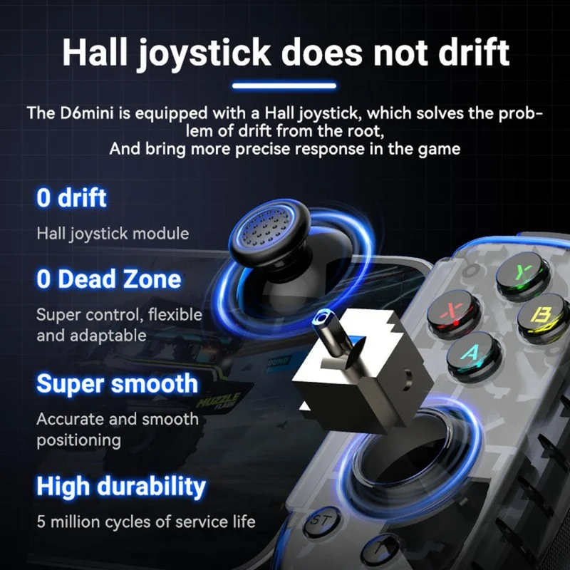 D6mini Растягивающийся игровой контроллер с джойстиком Hall, двухрежимный, с поддержкой Bluetooth, проводной геймпад для Android, iOS, Switch, ПК — черный