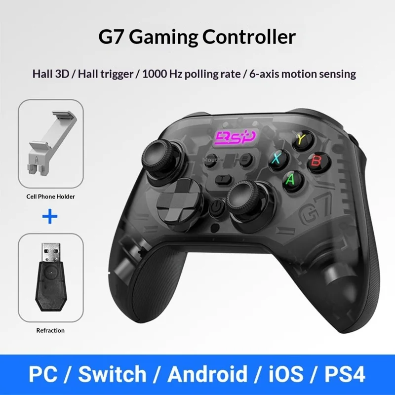 G7 Wireless Bluetooth-compatible Gaming Controller with Phone Holder & Receiver Hall Joystick Trigger Six-Axis Motion Sensing 1000Hz Gamepad for PC  /  Nintendo Switch  /  PS4 - Black