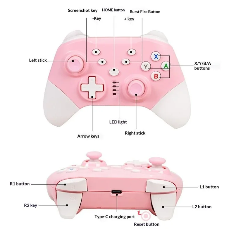 NS20 Switch Pro Inalámbrico Game Controller con Doble Vibración y Mando con Receptor 2.4G para Juegos en Switch PC - Rosa
