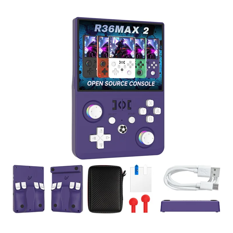 R36MAX2 64GB Open Source Handheld Game Console 4.5 inch IPS Screen Dual Joysticks Arcade GBA Retro Gaming Player - Purple