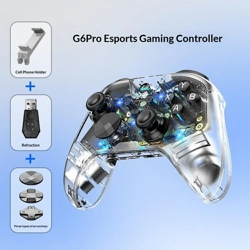 G6 Pro Kabellose Spielekonsole RGB-Beleuchtung Hall-Effekt-Trigger Kohlefilm-Joystick Transparente Gamepad für Nintendo Switch / PC / Android / iOS - Transparent
