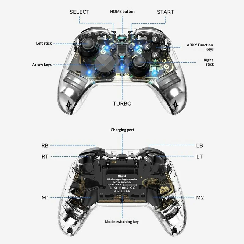 G6 Pro Kabellose Spielekonsole RGB-Beleuchtung Hall-Effekt-Trigger Kohlefilm-Joystick Transparente Gamepad für Nintendo Switch / PC / Android / iOS - Transparent