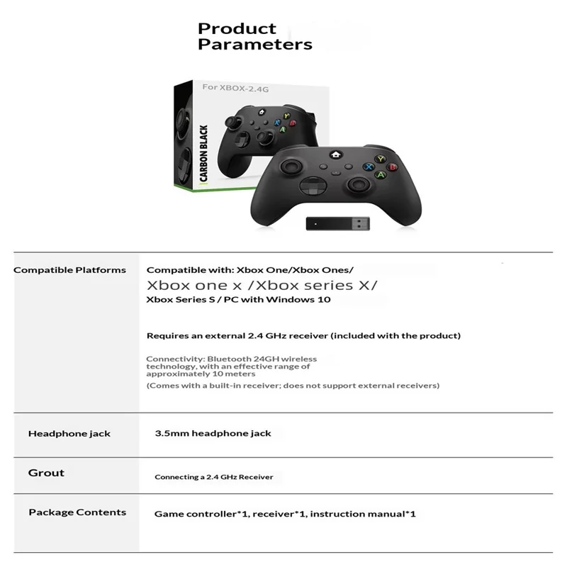 Game Controller for Xbox Series S / X / Xbox One / One S / One X / PC 2.4G Wireless Gamepad with Receiver - Black