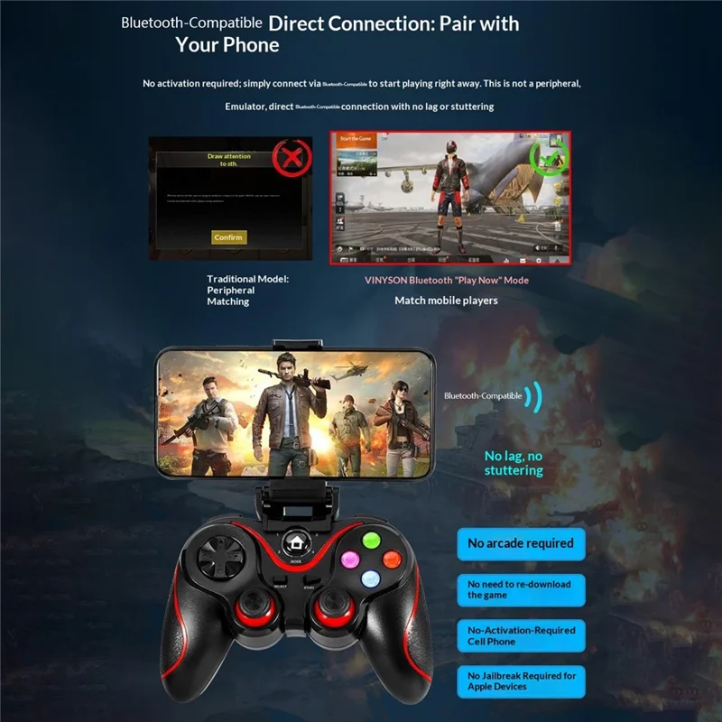 V8 Bluetooth-compatible Wireless Gamepad with Phone Holder for Android / iOS / PC / PS3 / TV Gaming Controller