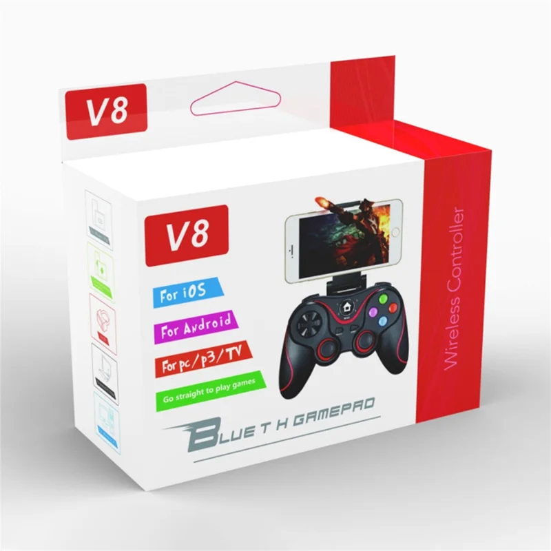 V8 Bluetooth-compatible Wireless Gamepad with Phone Holder for Android / iOS / PC / PS3 / TV Gaming Controller
