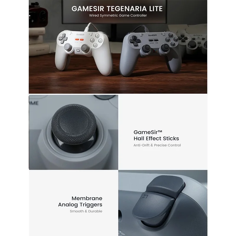 GAMESIR T3 Lite Wired Gaming Controller Hall Effect Sticks Plug and Play for PC / Switch / iOS / Android - Grey