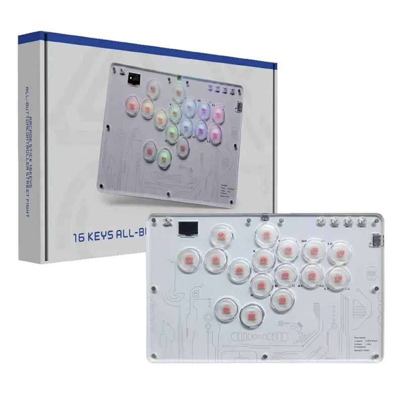 D116 Acrylic Crystal Panel 16-Key Arcade Controller for Sony PlayStation 4 / 3 / Nintendo Switch / PC Fighting Game Keyboard - White
