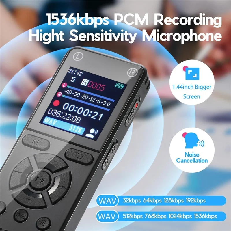 T51 Digital Voice Recorder Built-in 8GB Memory Noise Reduction 1.44 Inch TFT Screen MP3 Player - Black