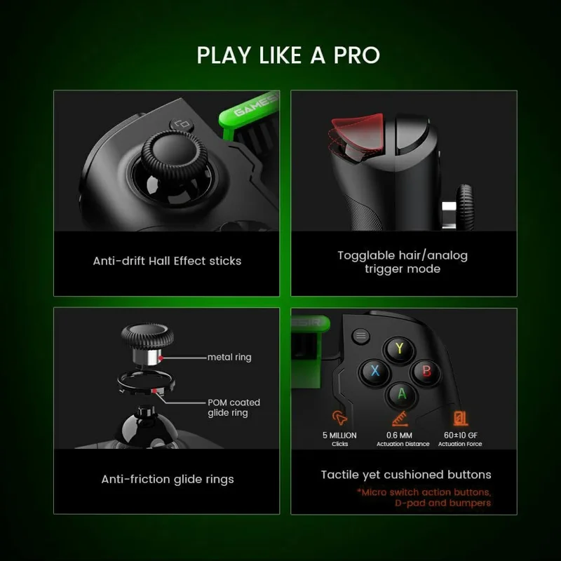GAMESIR X4a Split Stretch Controller 256-Level Hall Effect Triggers Android Bluetooth-Compatible Gamepad - Black