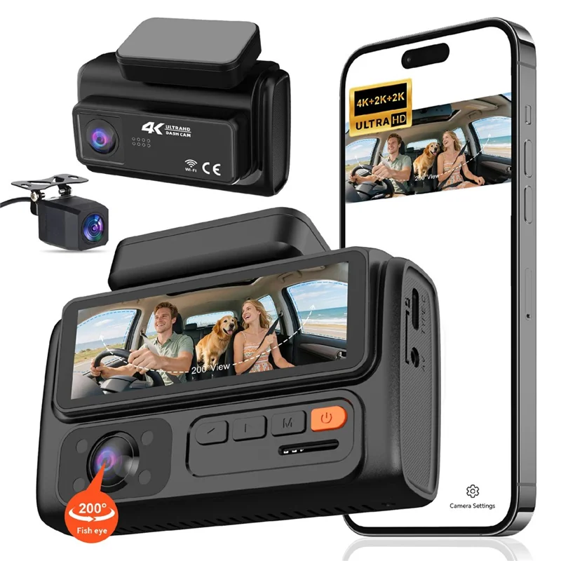 F311 3-Channel Dash Cam 4K+2K+2K 3.19 inch Screen 24H Parking Monitor G-Sensor Loop Recording, ACC Powered (without TF Card) - Black