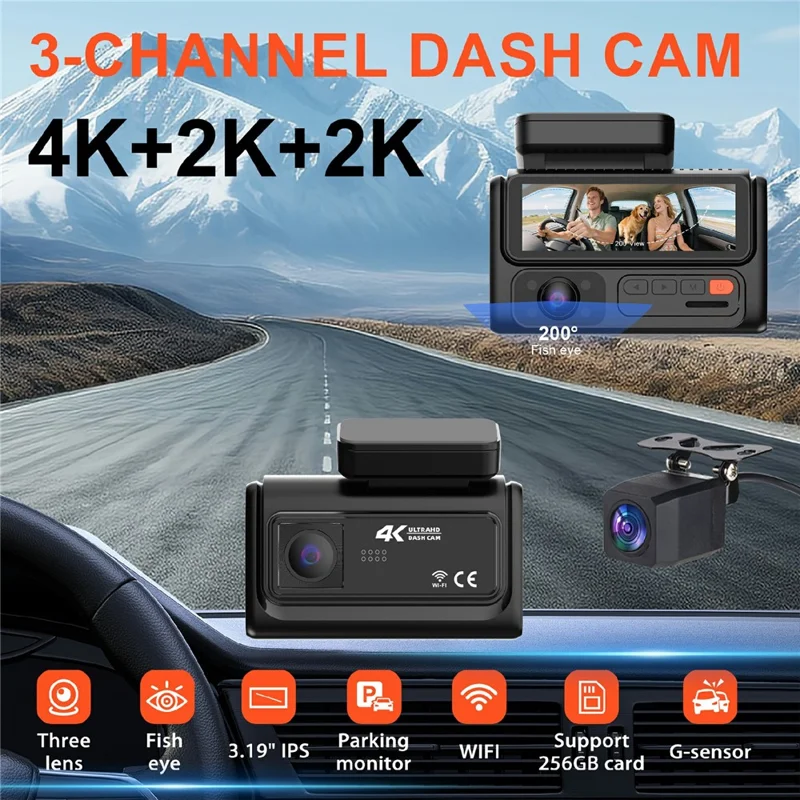 F311 3-Channel Dash Cam 4K+2K+2K 3.19 inch Screen 24H Parking Monitor G-Sensor Loop Recording, ACC Powered (without TF Card) - Black