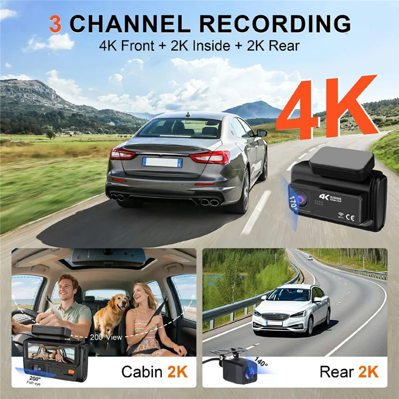 F311 3-Channel Dash Cam 4K+2K+2K 3.19 inch Screen 24H Parking Monitor G-Sensor Loop Recording, ACC Powered (without TF Card) - Black