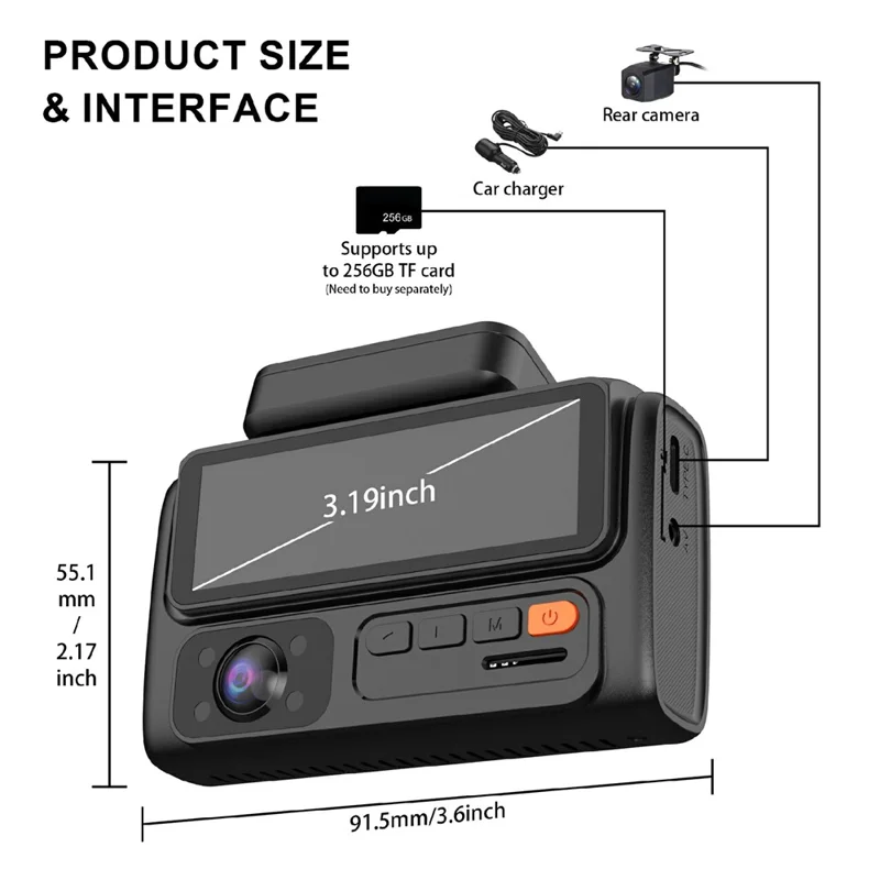 F310 3-Channel Dash Cam 4K+2K+2K Three Lens 3.19 inch IPS Screen WiFi Night Vision G-Sensor (without TF Card) - Black