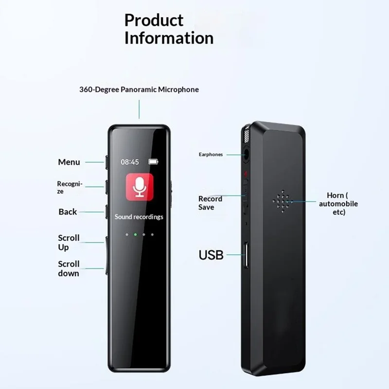 8830 16GB Digital Voice Recorder 0.96-Inch TFT Display 360-Degree Panoramic Microphone Audio Recorder - Black