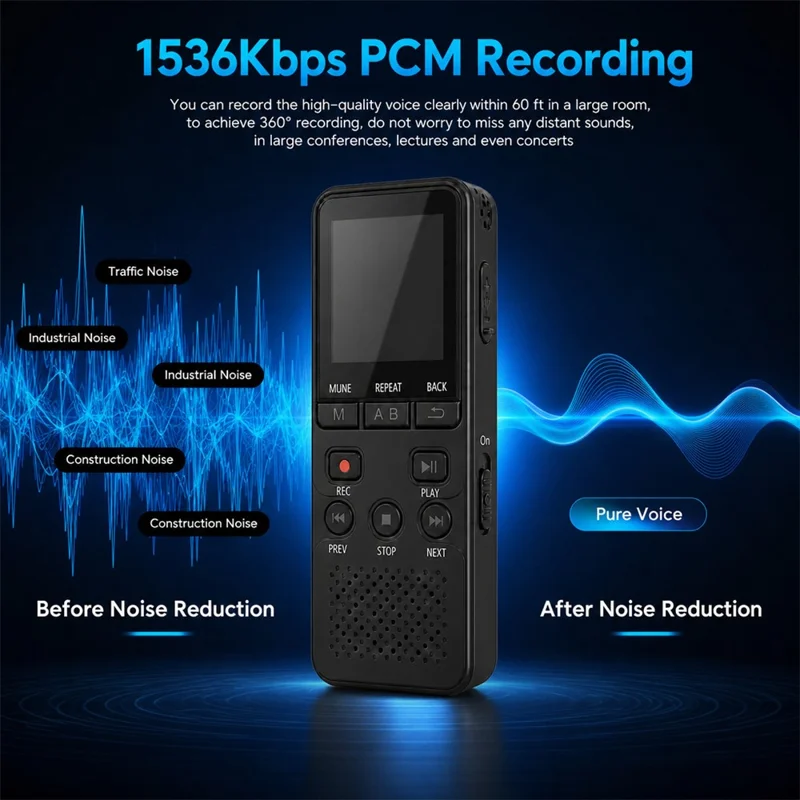 P329 8GB Digital Voice Recorder 1536Kbps PCM Noise Reduction Voice Activated Recording A-B Repeat 1.44 inch LCD Screen - Black