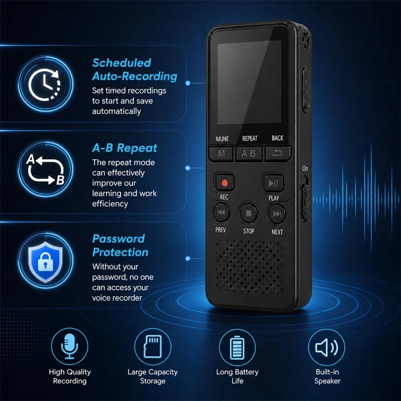 P329 8GB Digital Voice Recorder 1536Kbps PCM Noise Reduction Voice Activated Recording A-B Repeat 1.44 inch LCD Screen - Black